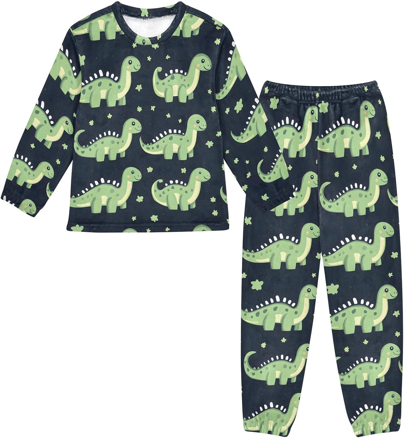 Kids Flannel Sets Cute Green Dinosaur Warm Plush Relaxed Clothing for Boys and Girls