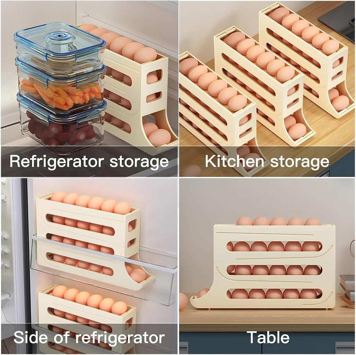 Egg Holder Egg Dispenser Auto Rolling Egg Tray Storage Organizer Space-Saving Egg Roller Rack 4 Tier Rolling Egg Holders