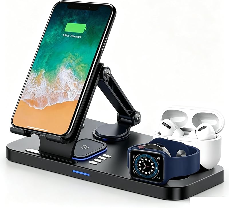 Magnetic Charging Station for Apple Multiple Devices, Wireless Charger with Clock & Light, Foldable Wired Charging Stand for iPad/Tab, Mag-Safe Charger for iPhone 17, for Apple Watch for AirPods