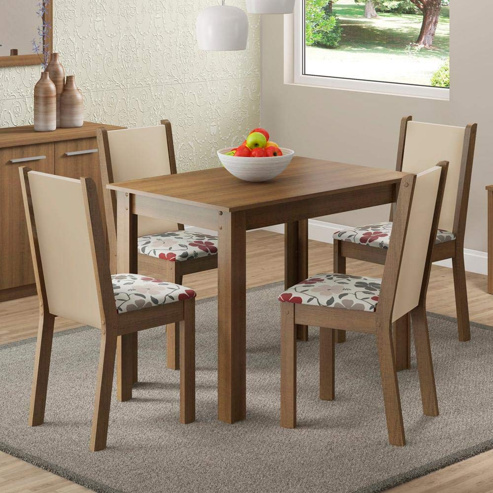 Conjunto Sala de Jantar Cíntia Madesa Mesa Tampo de Madeira com 4 Cadeiras - RusticCremaHibiscos