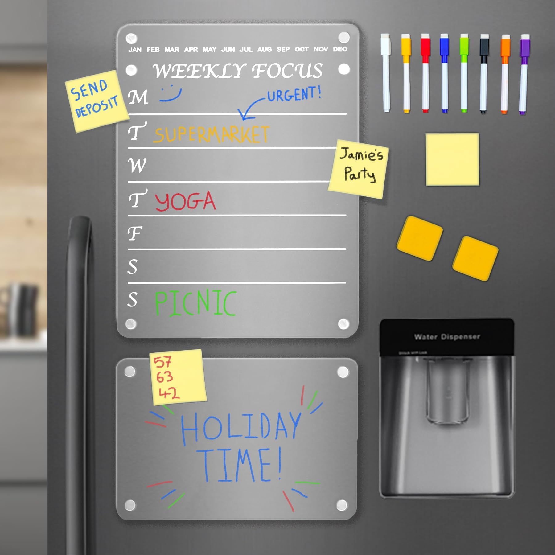 Acrylic Magnetic Calendar for Fridge 2PCS – 16"x 12" Clear Weekly Calendar Dry Erase Board & 8"x 6” Memo Board for Fridge Reusable Planner,Includes 8 Colors Markers, 2 Eraser, 1 Sticky Note