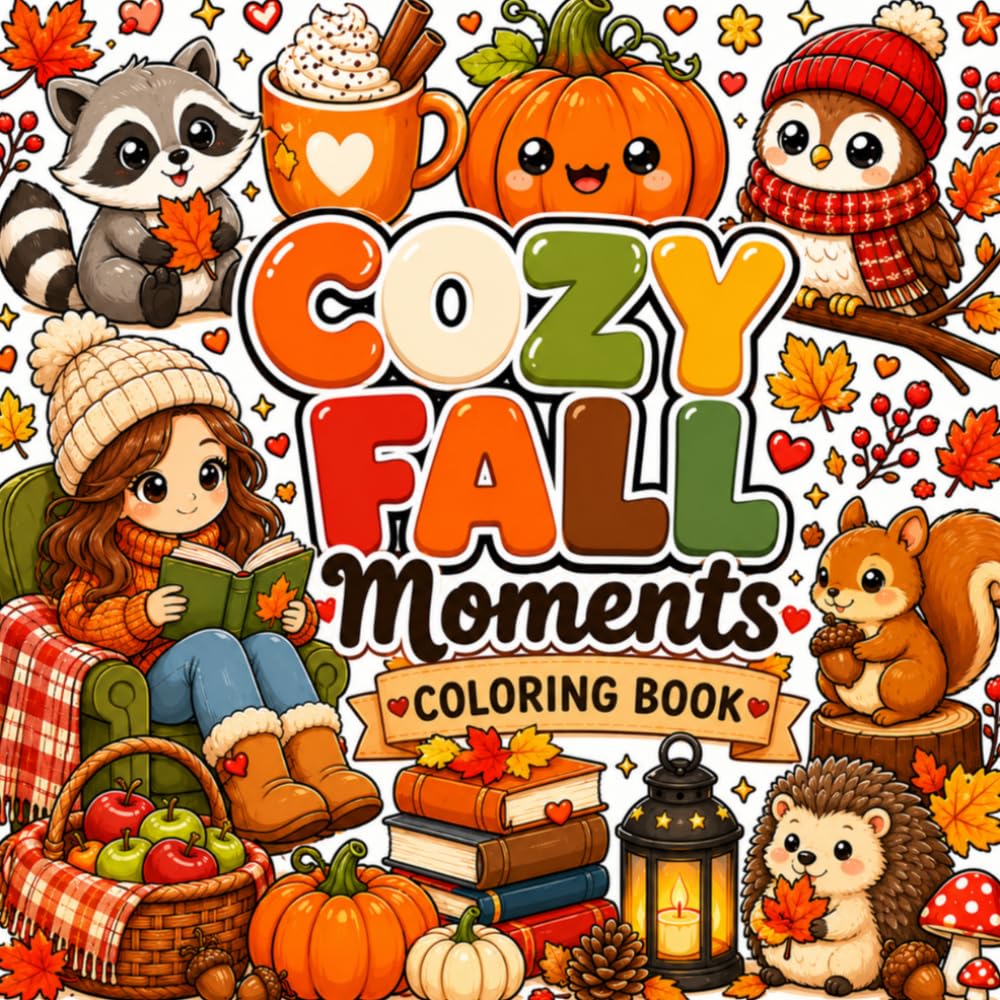 Cozy Fall Moments Coloring Book: Cozy Autumn Scenes with Girls, Woodland Animals, Cozy Homes and Seasonal Adventures