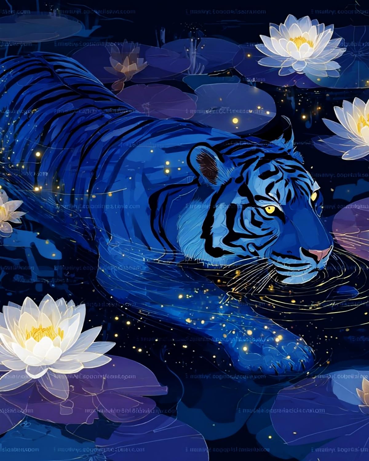 LIUBAISHI Paint by Numbers Kit for Adults – Large 16x20 | Wall Art Painting for Living Room, Stress Relief Craft, Hobby Gift Set with Paints and 3 Brushes-Night Lotus Blue Tiger