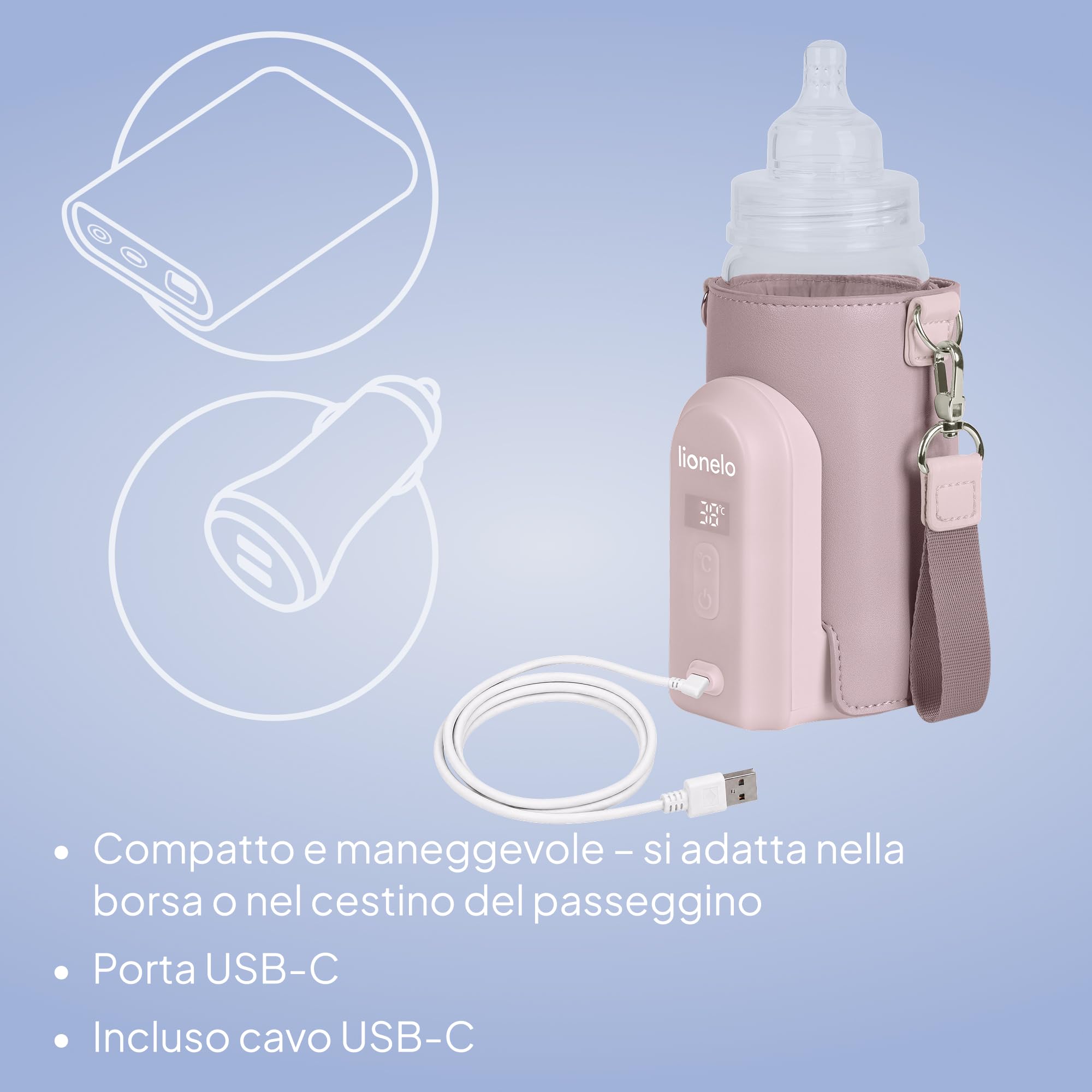 LIONELO Thermup Go Evo Scaldalatte Portatile per biberon per Neonati, Mantiene Liquidi caldi, 5 Temperature operative da 38 a 50°C Ricarica USB-C, Fino a 9 Ore di Funzionamento