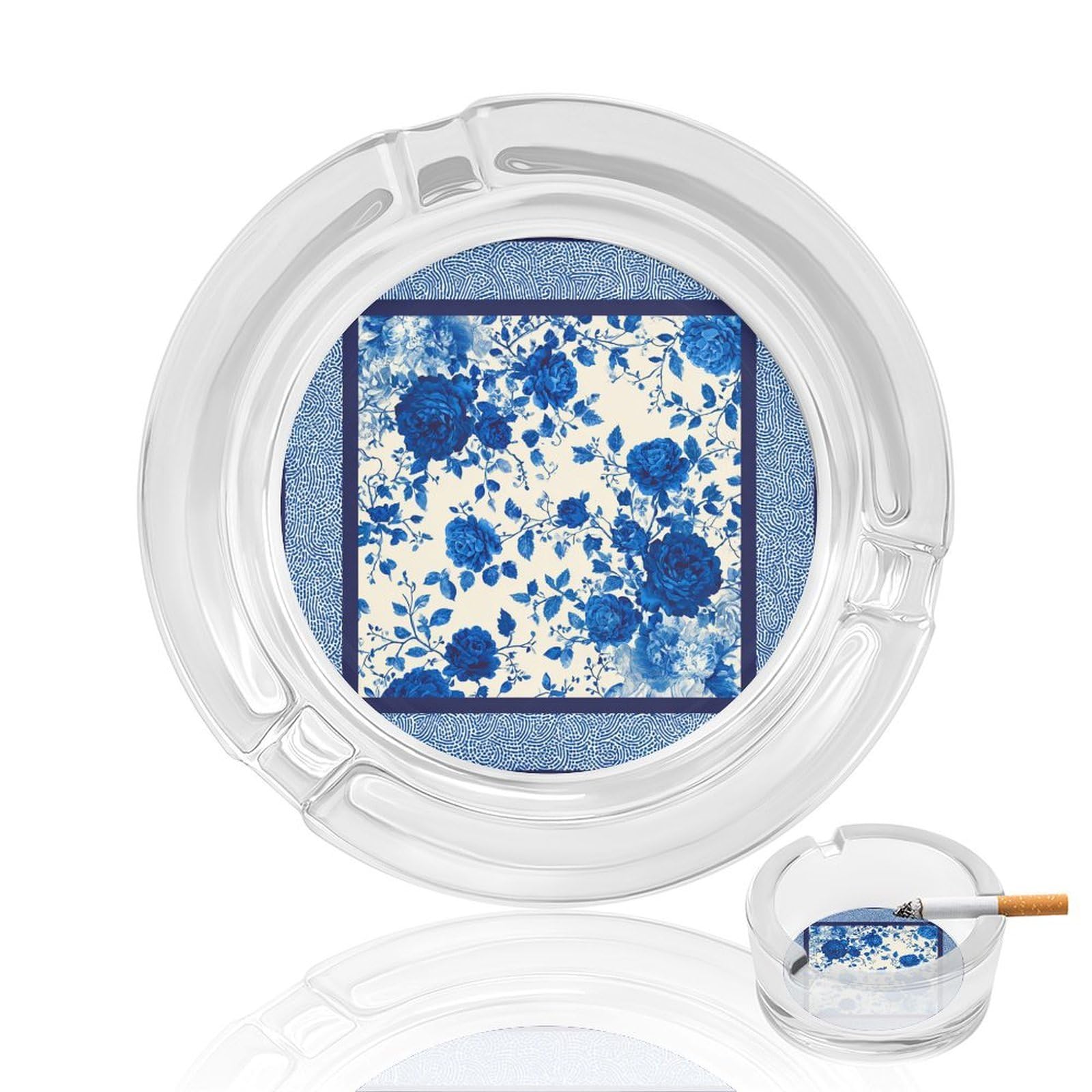 Blue Floral Pattern Flowers Roses And Foliage Glass Ashtray for Cigarettes Portable Decorative Ash Trays for Home Office Decor