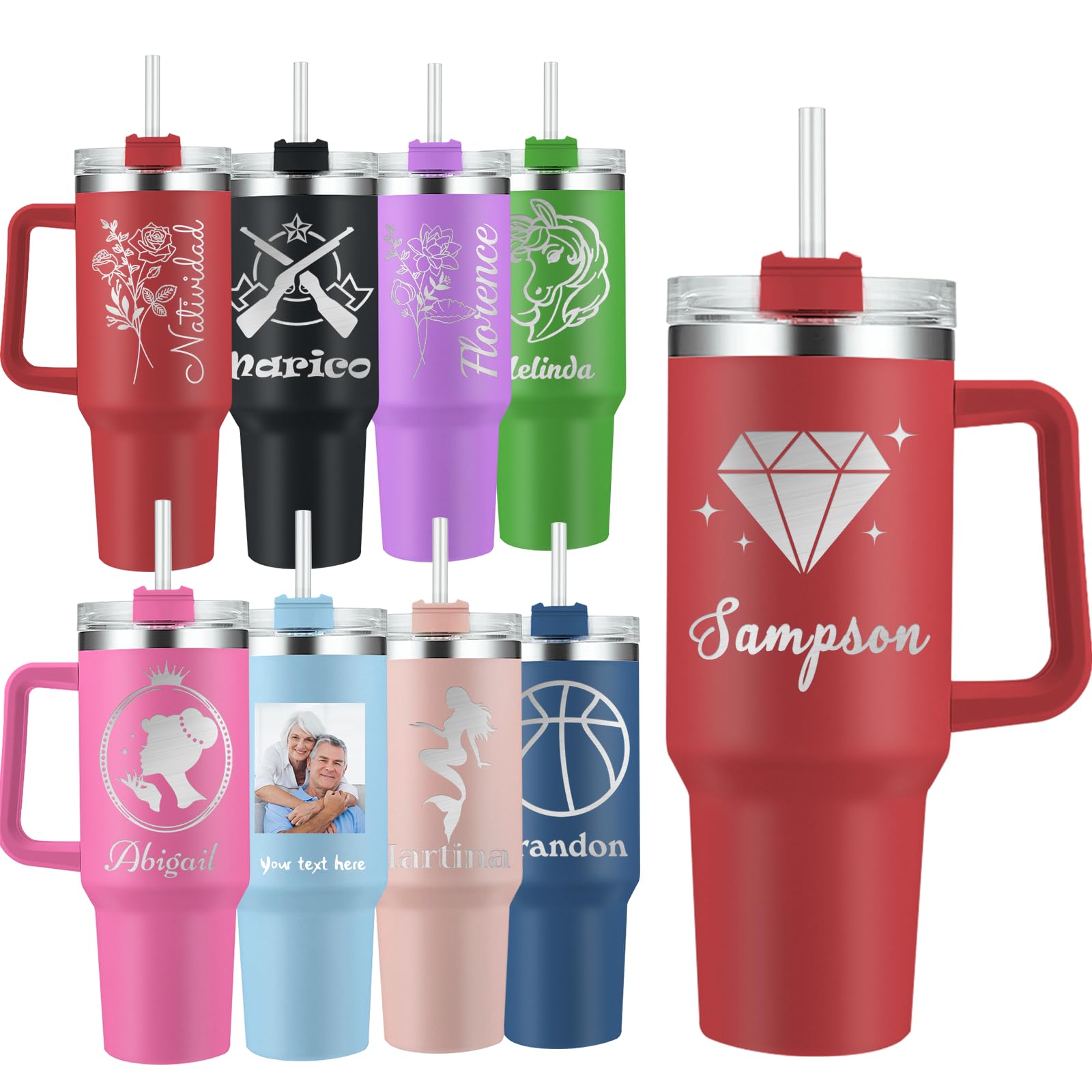 Busparst Personalised 40oz Tumbler with Handle and Straw Custom Insulated Stainless Steel Tumblers with Handle Customized Logo Photo Tumblers for Men Women
