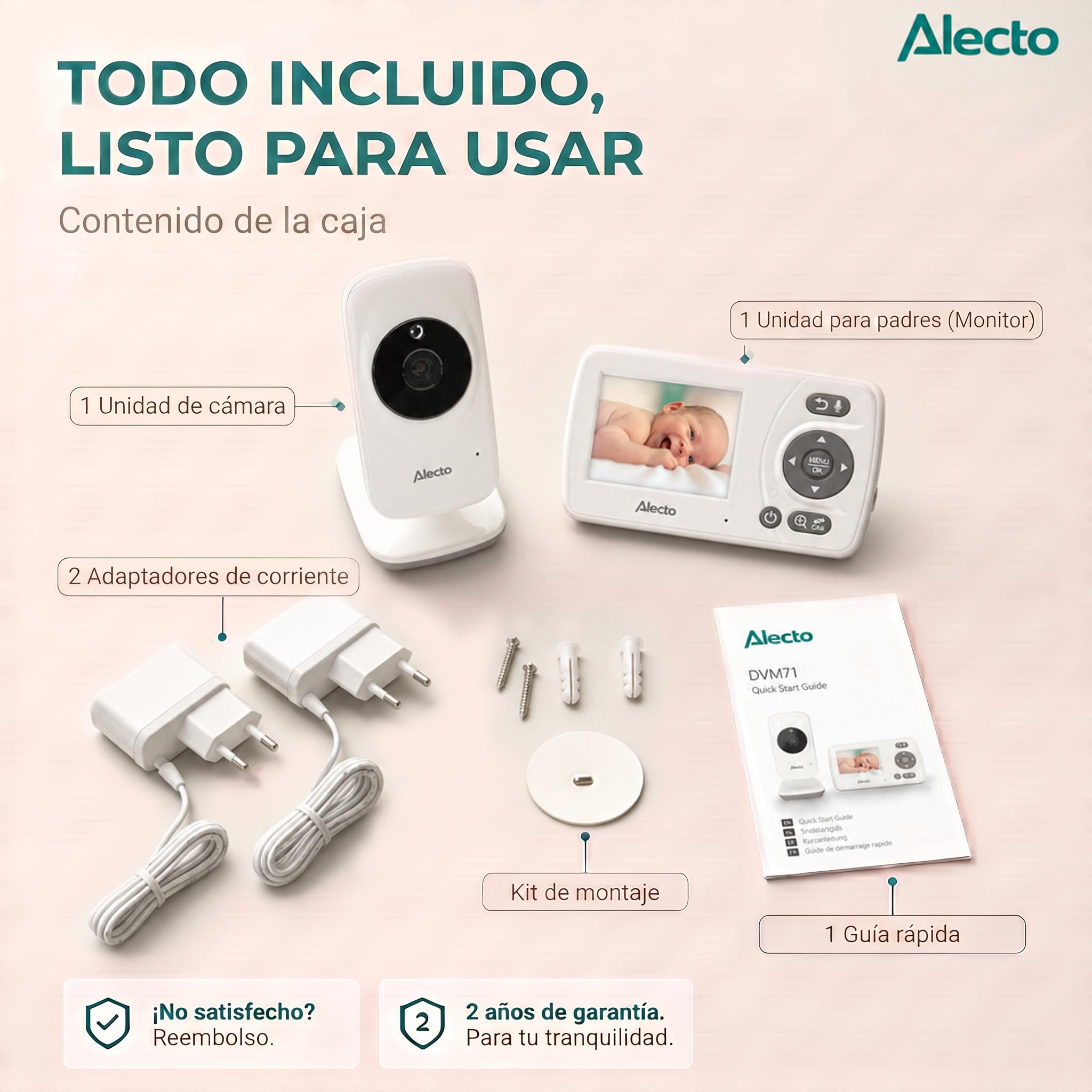 Alecto DVM71 - Vigilabebés con cámara, Monitor de bebé de 2,4 Pulgadas, Alcance de 50 m, batería de 10 Horas, Color Blanco/Topo