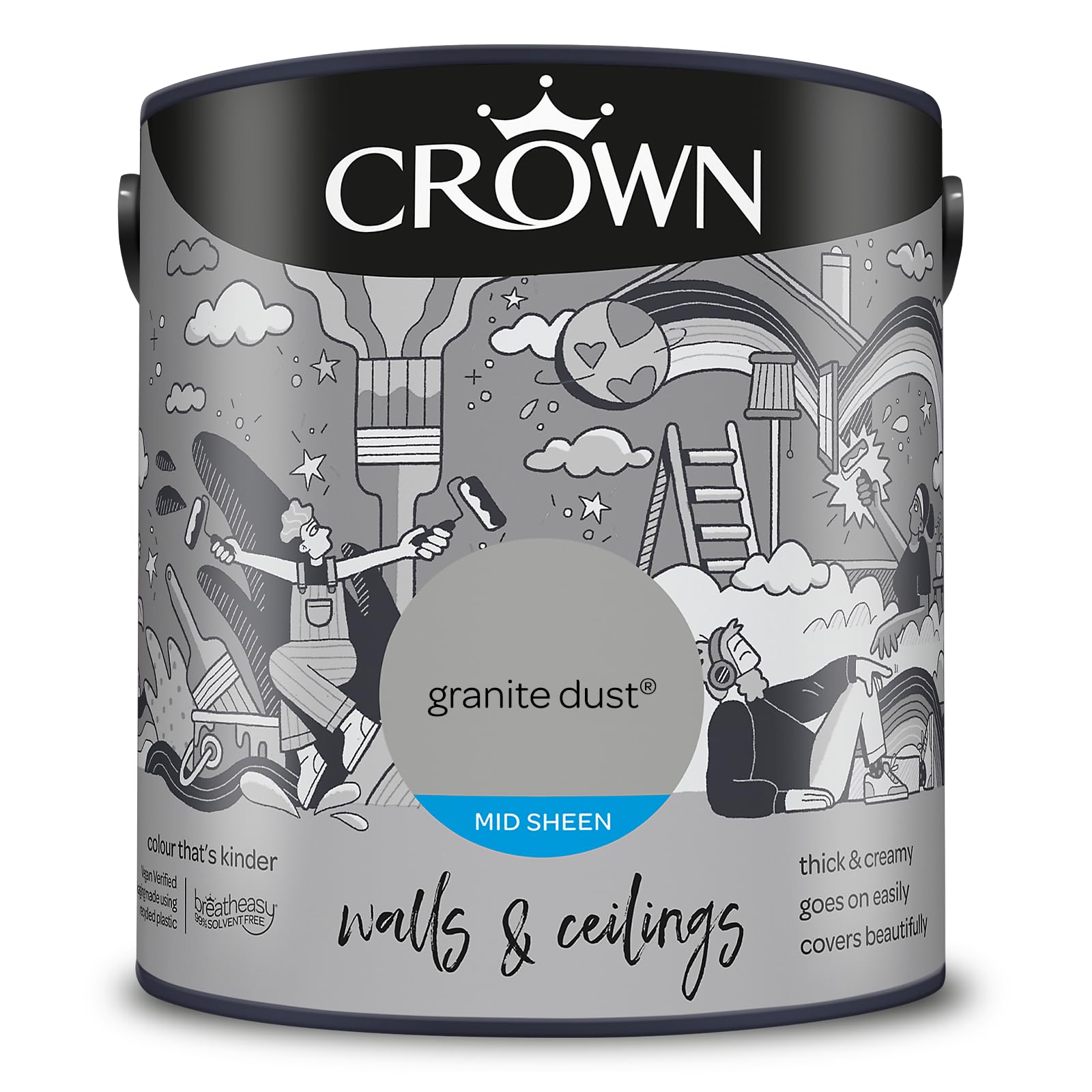 Crown Walls & Ceilings Emulsion Paint - Mid Sheen Finish - Granite Dust Colour - 2.5L