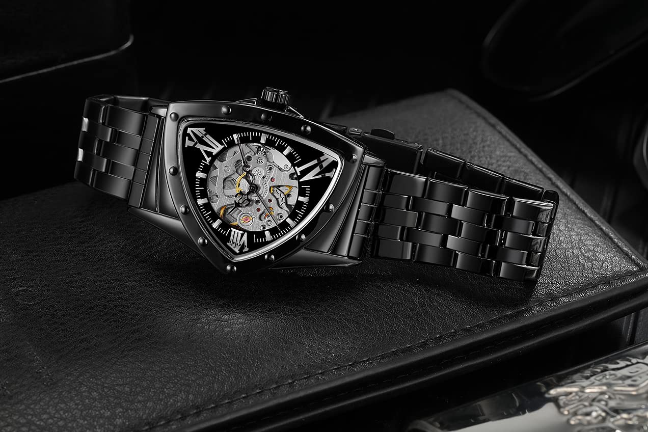 FORSINING Montre pour homme étanche à 30 m Squelette Creux Automatique Éblouissant Rétro Triangle Montre-bracelet