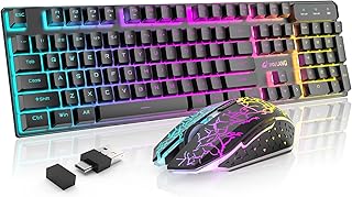 T3 PRO Wireless Keyboard Mouse Combo, USB/Type-C Dual Receiver, Rainbow Backlit 2.4G Rechargeable 4000 Battery Mechanical Feel Gaming Keyboard + 2400DPI 6 Buttons Gaming Mouse + Mouse Pad(Black)