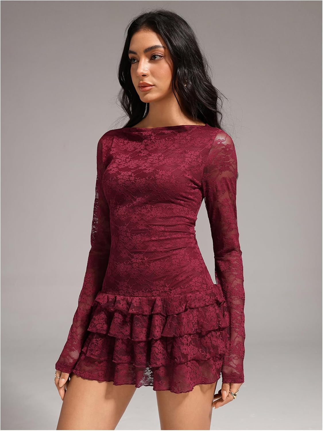 WDIRARA Women's Floral Lace Sheer Long Sleeve Boat Neck Layered Ruffle Mini Dress - Image 5