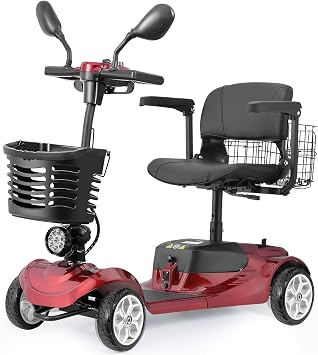 4 Wheel Mobility Scooter for Adults, All-Terrain Portable Electric Scooter, Folding Mobility Scooter with Adjustable Seat, 350W Motor, 12.5 Miles Range, Max Speed 5 Mph Red