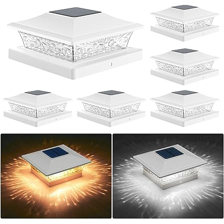 APONUO Solar Post Cap Lights 15 Lumens,4x4 Post Solar Lights 2 Color Mode Outdoor Waterproof for Fence Post Caps 4x4,6x6 Wood&4x4 Vinyl Deck Post Caps,White,6 Pack