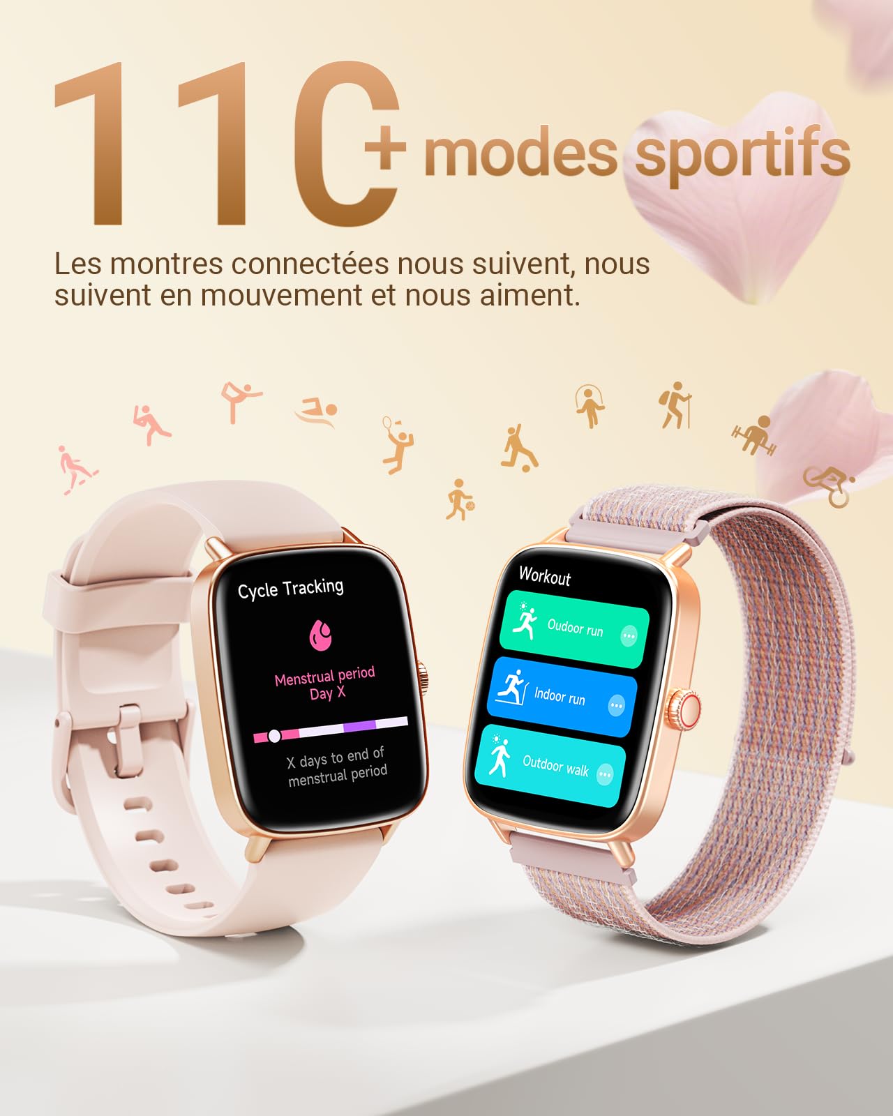 Montre Connectée Femme avec Appel Bluetooth, 1,85" Smartwatch Moniteur de Fréquence Cardiaque/SpO2/Sommeil, Montre de Sport 110+ Modes Sportifs Podomètre, Etanchéité IP68, pour iOS et Android Rose
