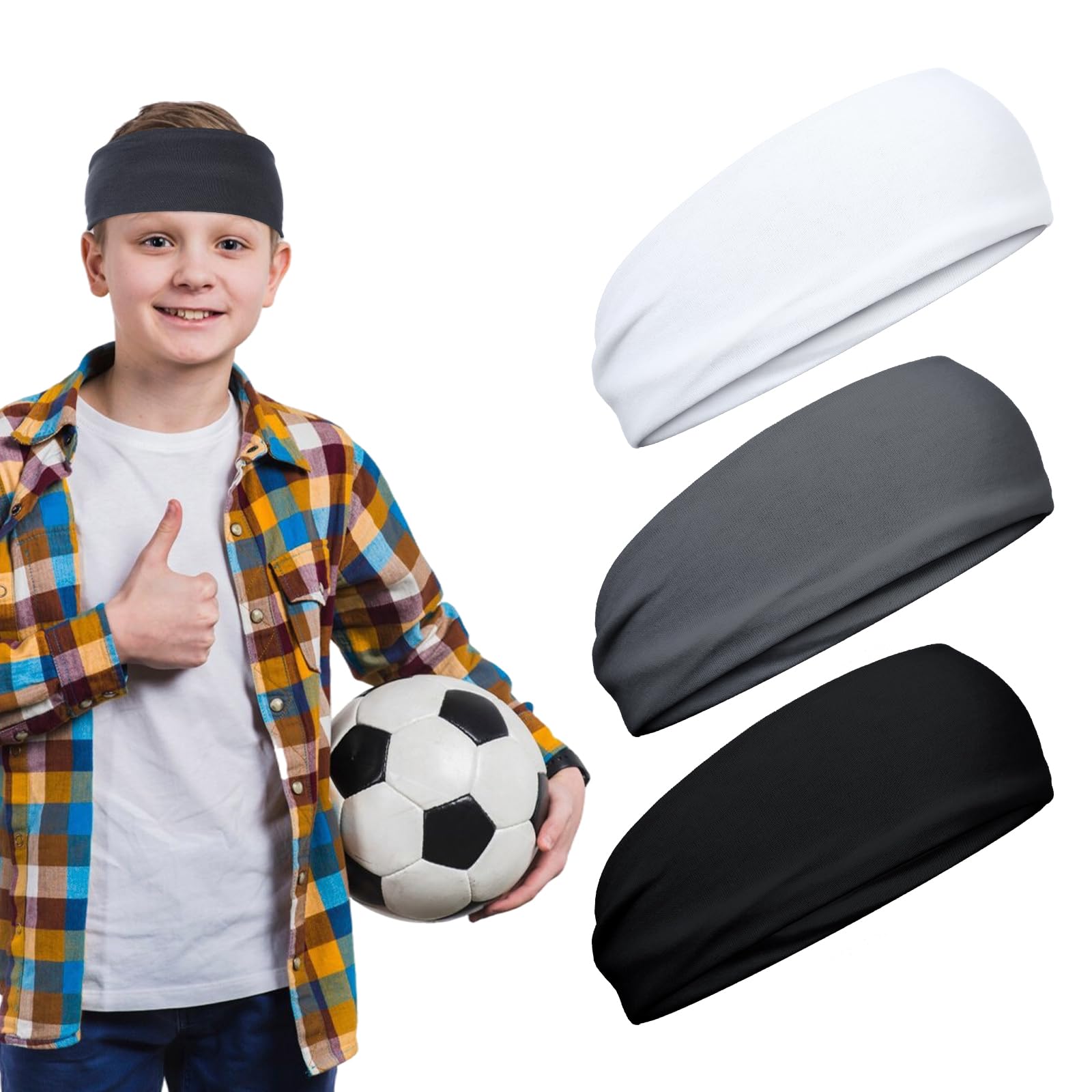3 diademas para niños deportivas, suaves y transpirables, bandas elásticas antideslizantes para el sudor para niños, deportes, yoga, fitness, correr, gimnasio (negro, blanco, gris)