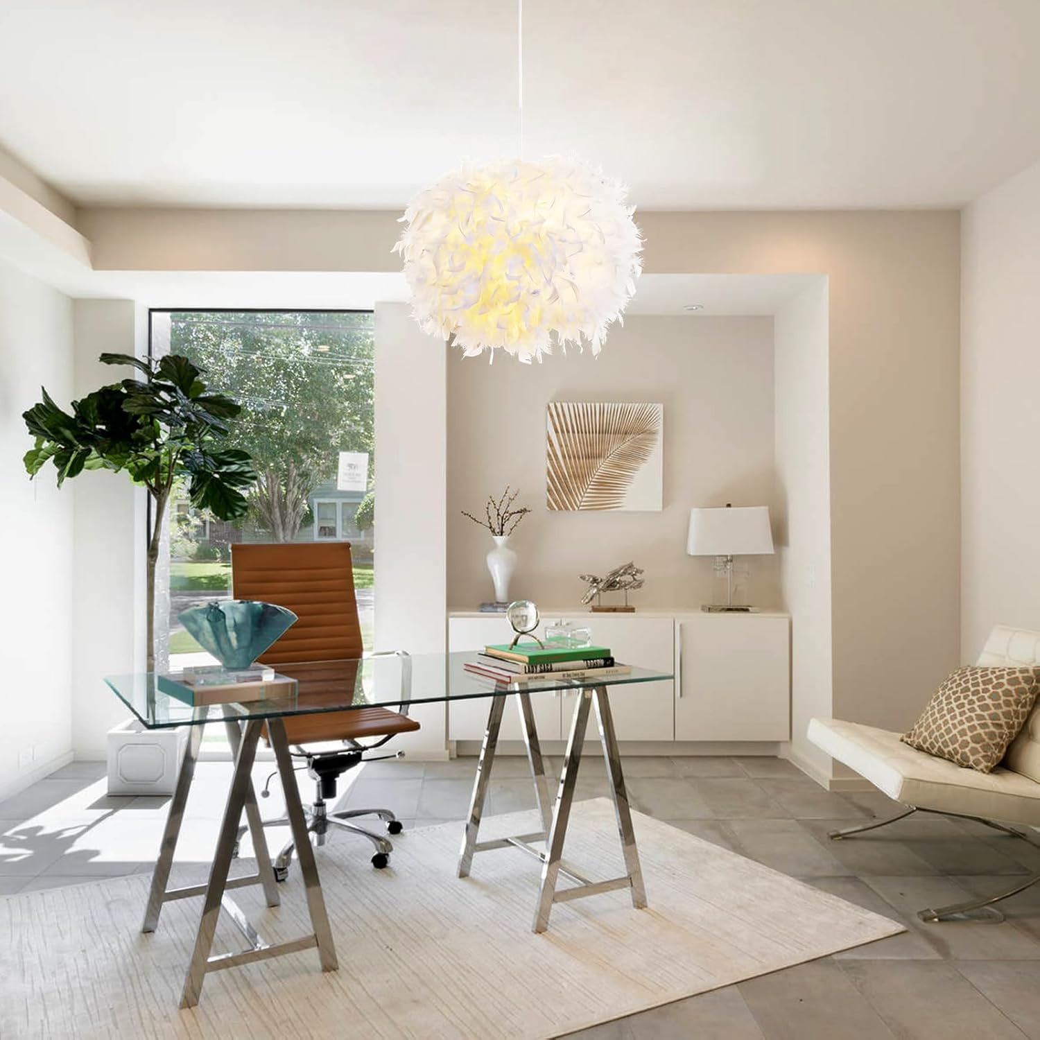 NZV White Feather Pendant Light for Bedroom 15.8in Modern Feathers Chandelier Light Fixture for Girls Room Romantic White Hanging Ceiling Lighting for Dining Room Kitchen Island Foyer Hallway
