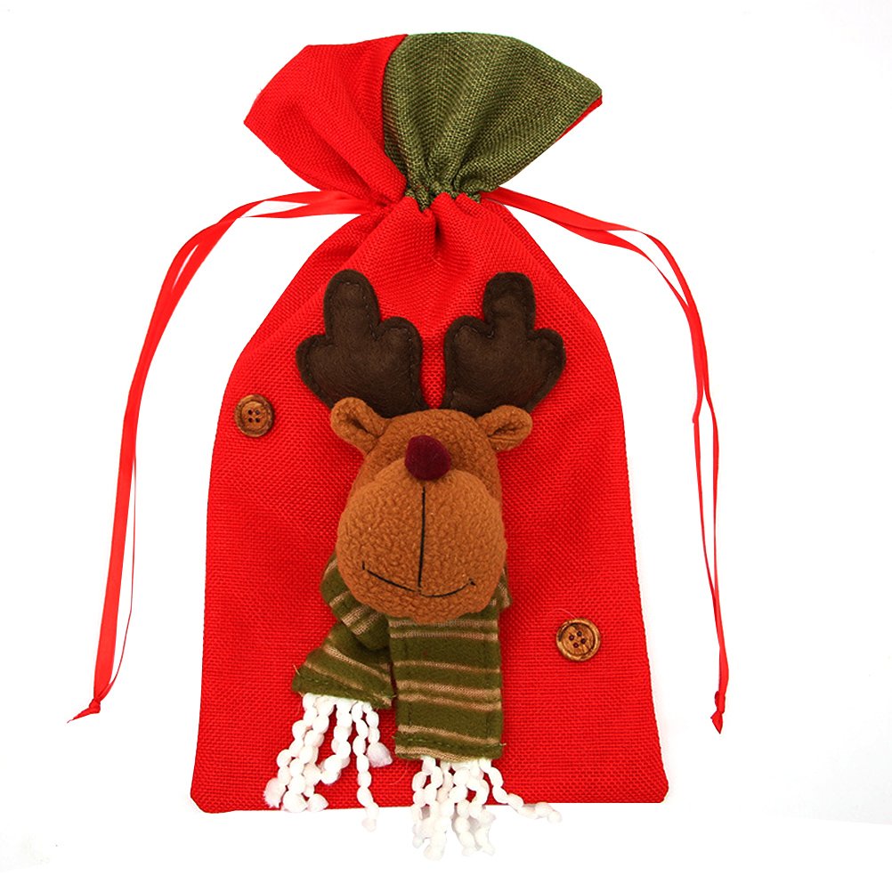 Sacchetto Di Natale In Iuta Con Coulisse - Design Alce - 37x20x6 Cm - Per Bomboniere, Caramelle E Piccoli Regali