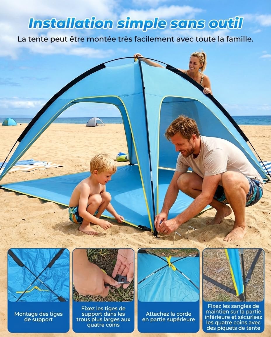 MYMULIKE Tente de plage UV50+ protection solaire, 210 x 210 x 130 cm, pour 4 à 6 personnes, polyester 190T avec barres en fibre de verre de 8 mm, portable, avec sacs de sable/piquets pour plage
