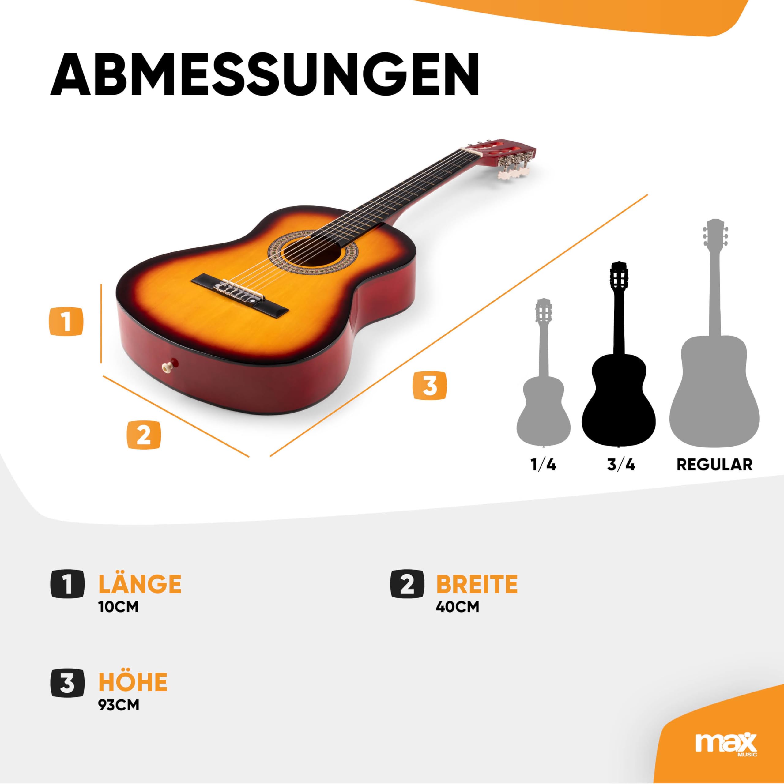 MAX SoloArt Junior - Akustik Gitarre 3/4, Kinder Gitarre inkl. Stimmgerät, Ständer, Tasche, Plektrum, Gurt und Saiten-Zubehör, 3/4 Guitar in Holz Sunburst