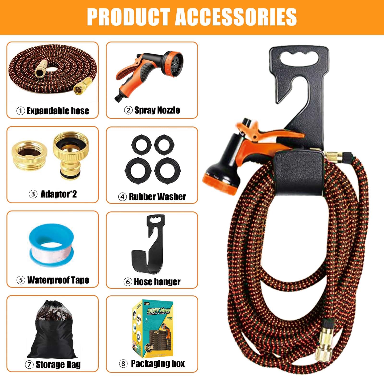 Tubo da Giardino Estensibile 30M – Raccordi Universali 1/2" e 3/4" Anti-Perdita, Tubo Acqua Flessibile, Pistola 10 Funzioni per Auto e Giardinaggio (Arancione)