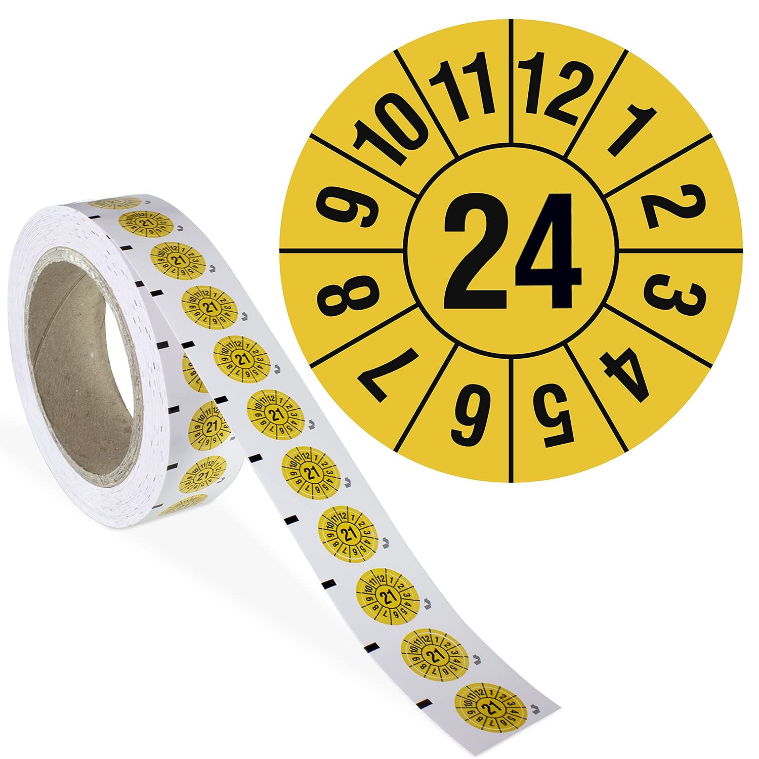 Jahresprüfplakette 2024-1000 Stück - 3,0 cm Ø - PVC- Folie, selbstklebend - Auf Rolle - Signalgelb - Prüfungsnachweis - Prüfplakette - Prüfetiketten
