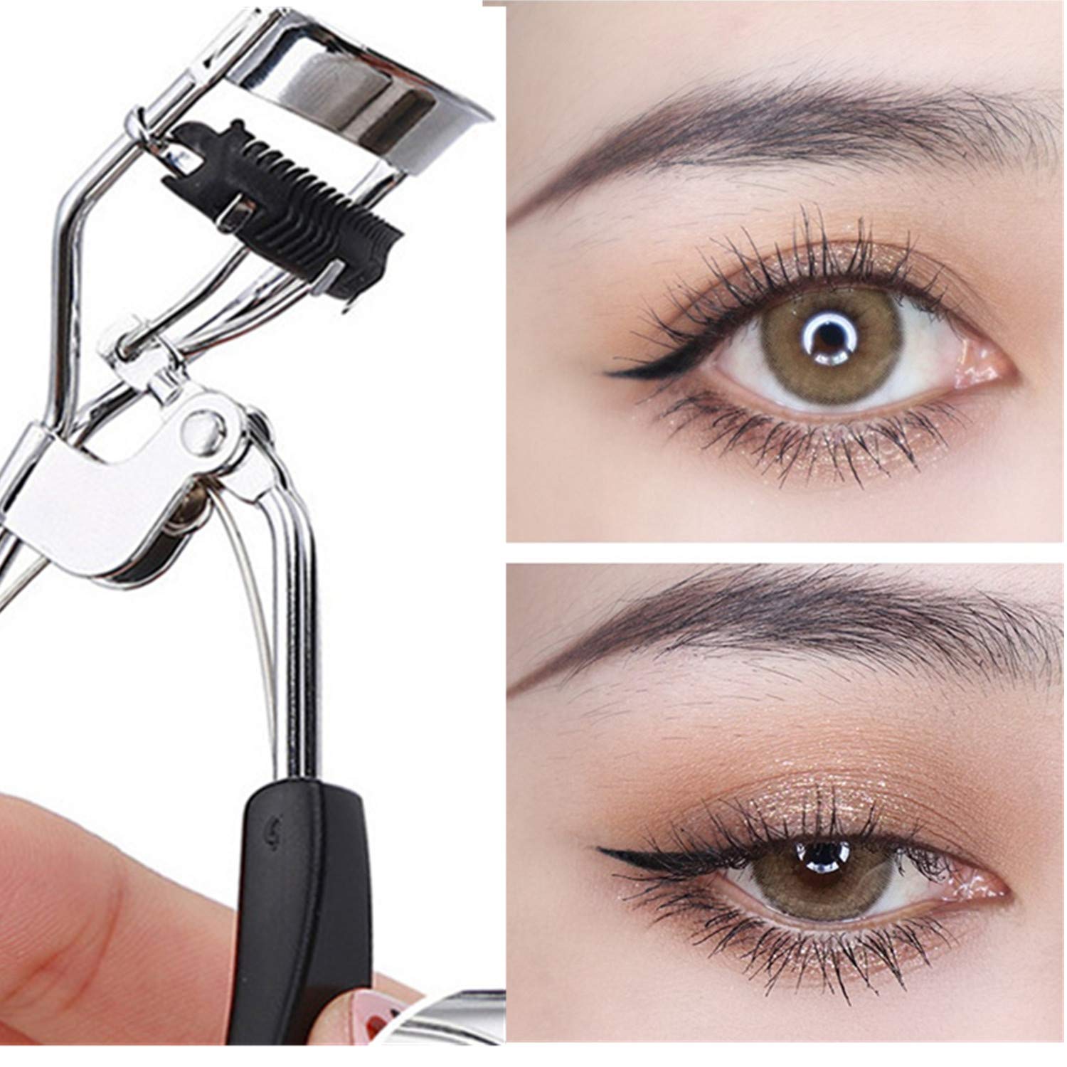 Rizador de pestañas de acero inoxidable con peine integrado, sin dolor, adecuado para cualquier forma y tamaño de ojos, con 5 almohadillas de repuesto de silicona (corazón negro y melocotón)