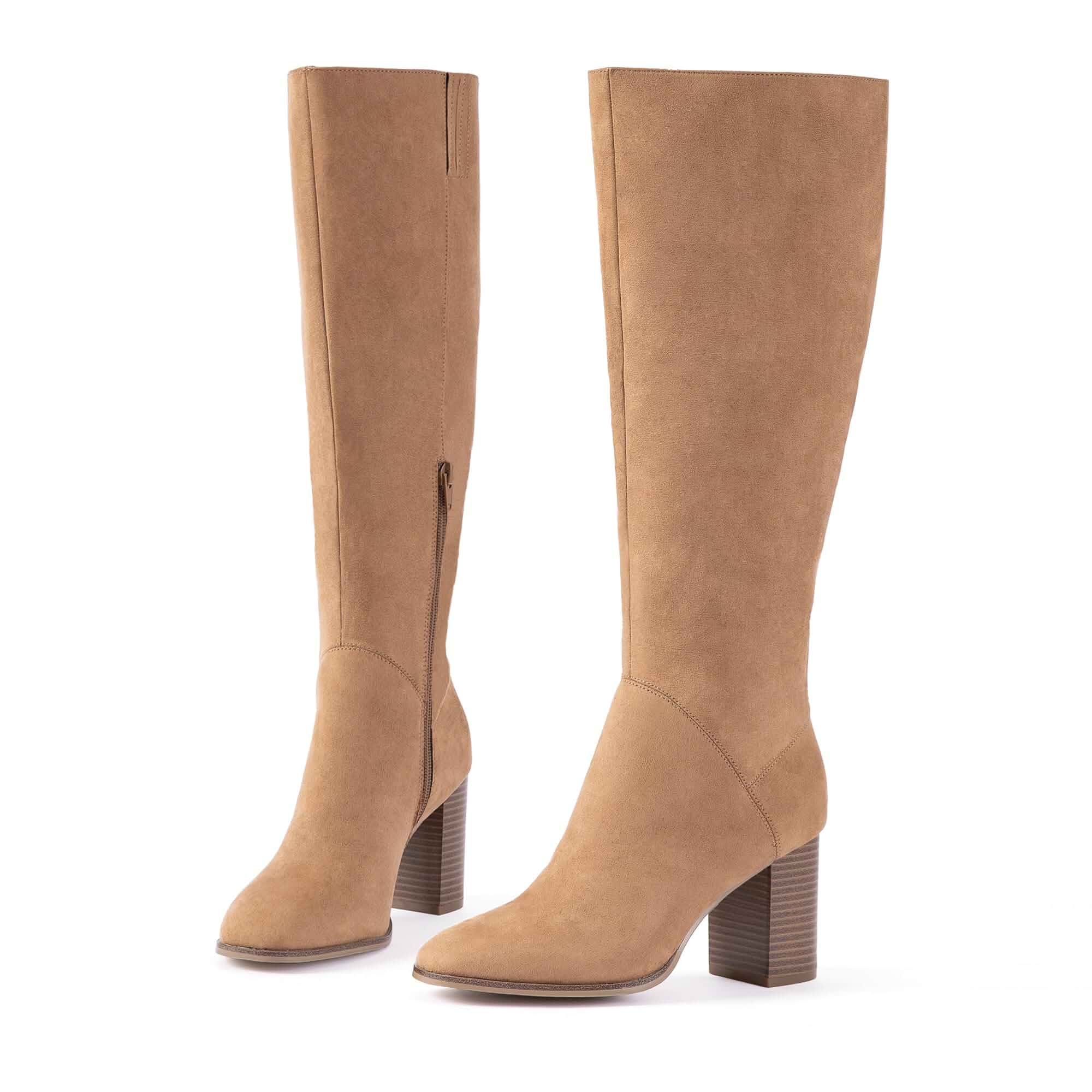Women Knee High Boots Side Zipper Chunky Heel Soft Comfort Stacked Block Heel, Square Toe, Soft Eco-Crafted Suede, Tonal Stitching Detail, Dresses Jeans Skirts, Fall Winter Daily Wear