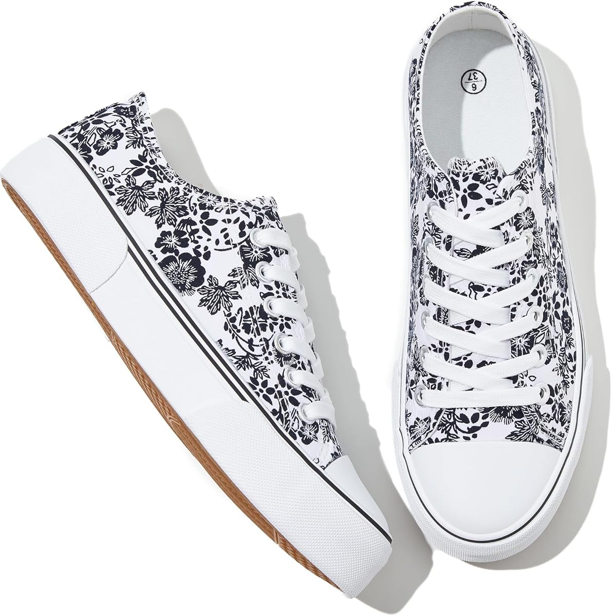 Adokoo Canvas Tennis Shoes for Women Low Top Casual White Black Sneakers for Women Lace Up Fashion Comfortable Walking Shoes