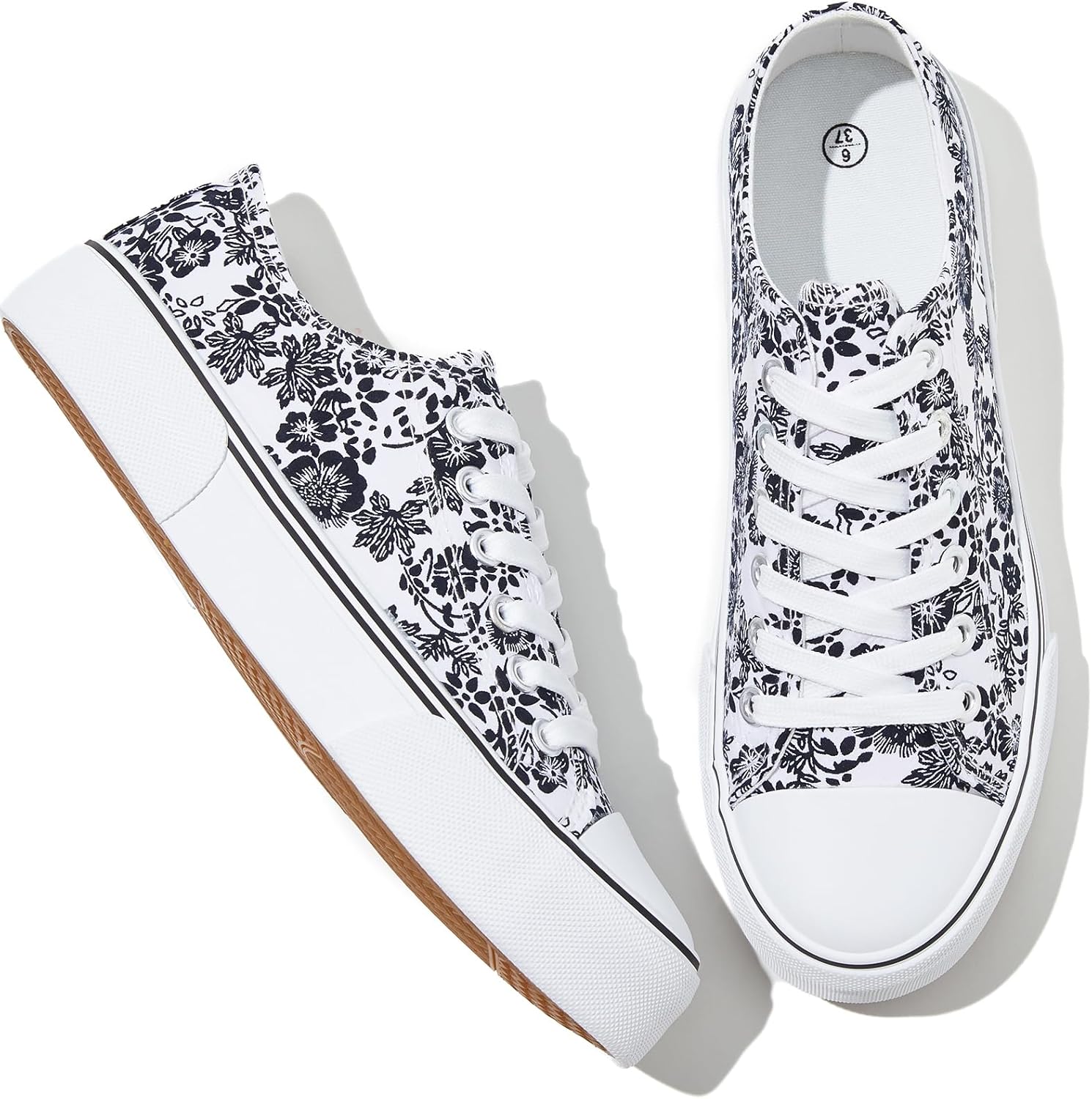 Adokoo Canvas Tennis Shoes for Women Low Top Casual White Black Sneakers for Women Lace Up Fashion Comfortable Walking Shoes