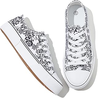 Adokoo Canvas Tennis Shoes for Women Low Top Casual White Black Sneakers for Women Lace Up Fashion Comfortable Walking Shoes