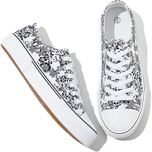 Adokoo Canvas Tennis Shoes for Women Low Top Casual White Black Sneakers for Women Lace Up Fashion Comfortable Walking Shoes
