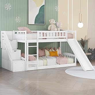 Bellemave Bunk Beds with Slide Twin Over Twin Low Bunk Bed Frame with Storage Drawers Stairway Wood Bunk Bed for Kids Boys Girls, White