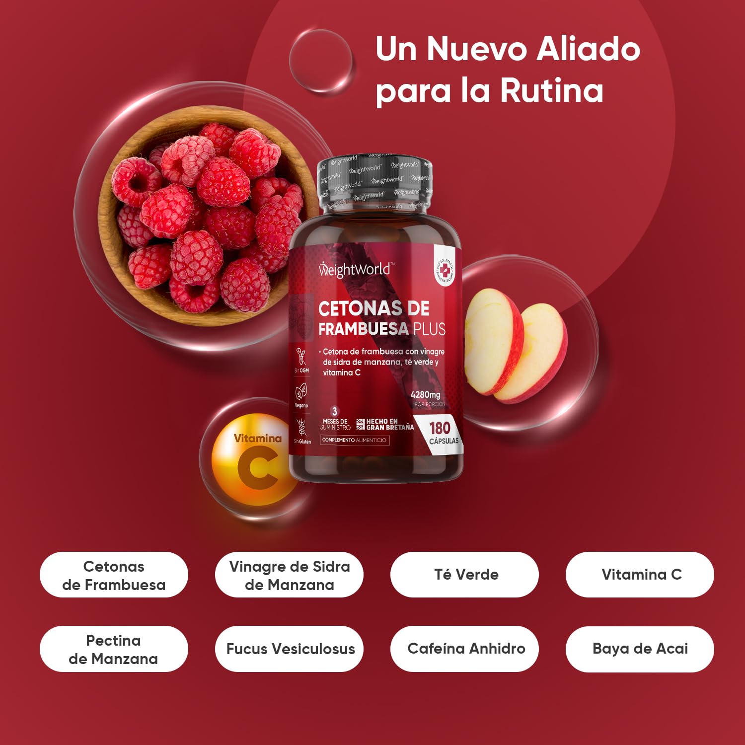 Cetonas de Frambuesa Plus 4280mg, 180 Cápsulas Veganas, 3 Meses de Suministro - Con Vinagre de Sidra de Manzana, Té Verde, Baya de Acai en Polvo, Pectina de Manzana, Vitamina C y Más, Sin Gluten