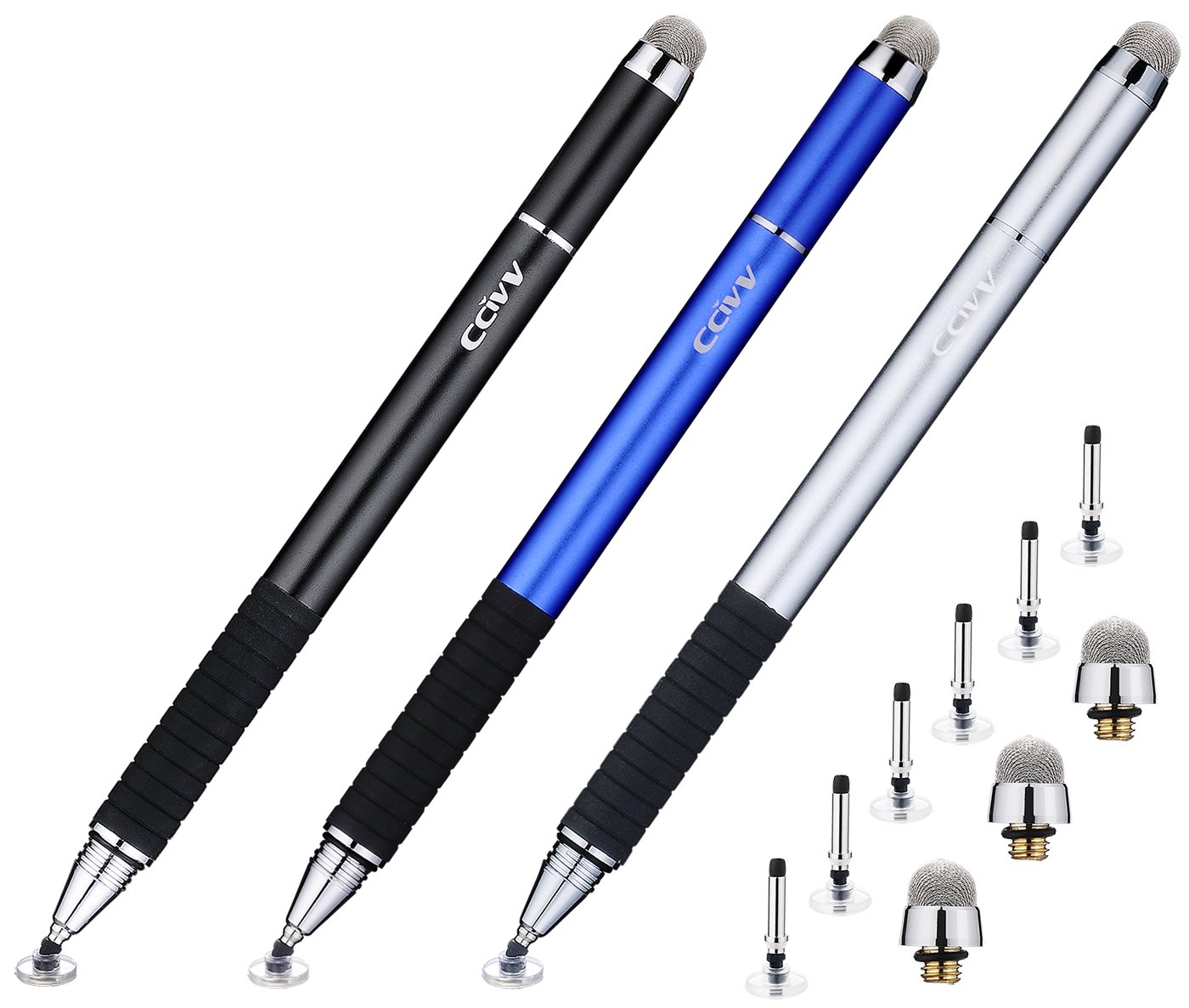 Stylus Pen Fine Point & Mesh Tip 2 in 1 for Touch Screen Tablet and Cellphone (Pack of 3, Black/Blue/Silver)