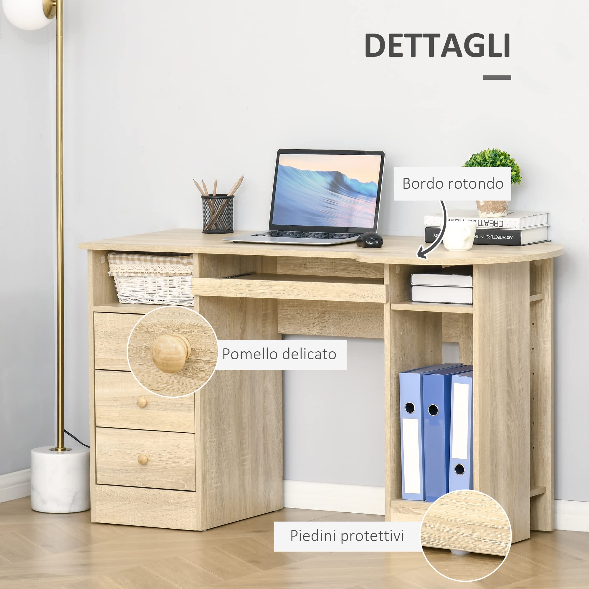 HOMCOM Scrivania da PC per Ufficio con Scaffali con Cassetti Color Legno | Ripiano Testiera in Legno, Scrivania per Computer