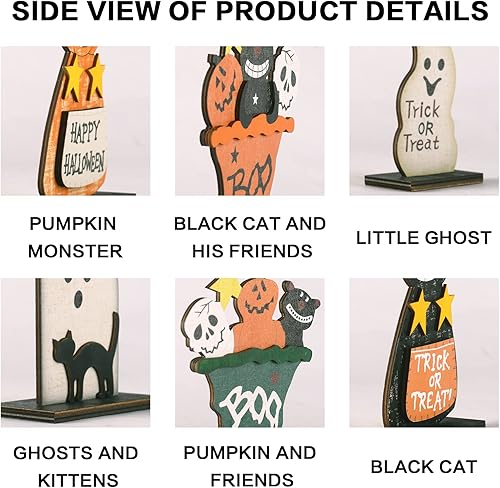 Miniatura 3 de SY Super Bang Decoración de mesa de Halloween de madera, 6 piezas de decoración retro de Halloween, incluyendo gato negromonstruo de calabaza,