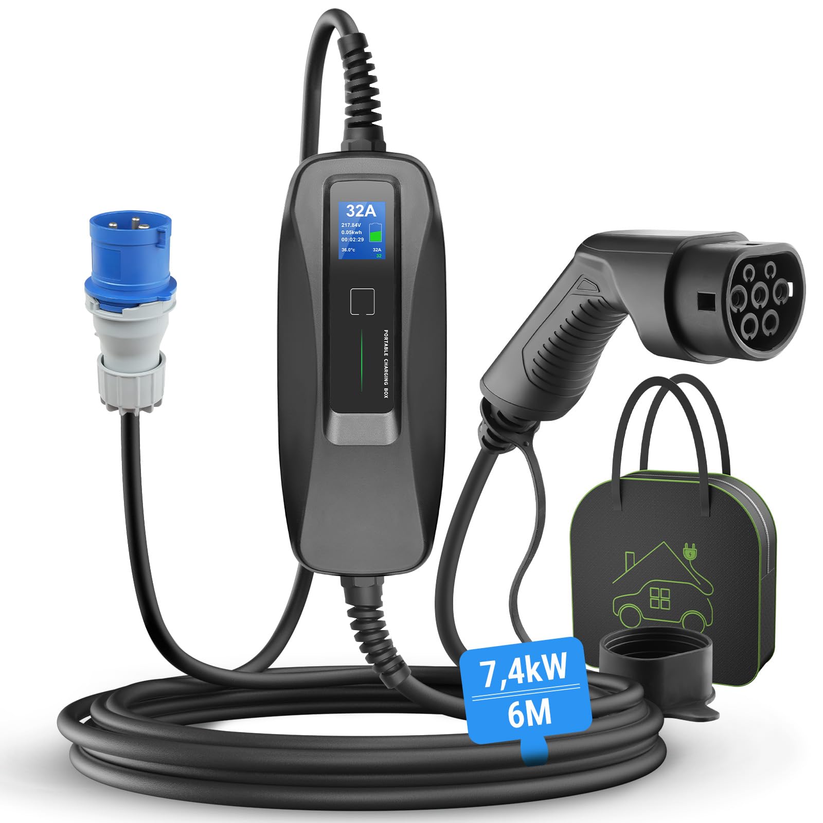Ładowarka samochodowa typu 2, 7,2 kW z przełączanym prądem 16/24/32 A, kabel do ładowania samochodu elektrycznego, wodoszczelność IP66, mobilna stacja ładująca do EV PHEV