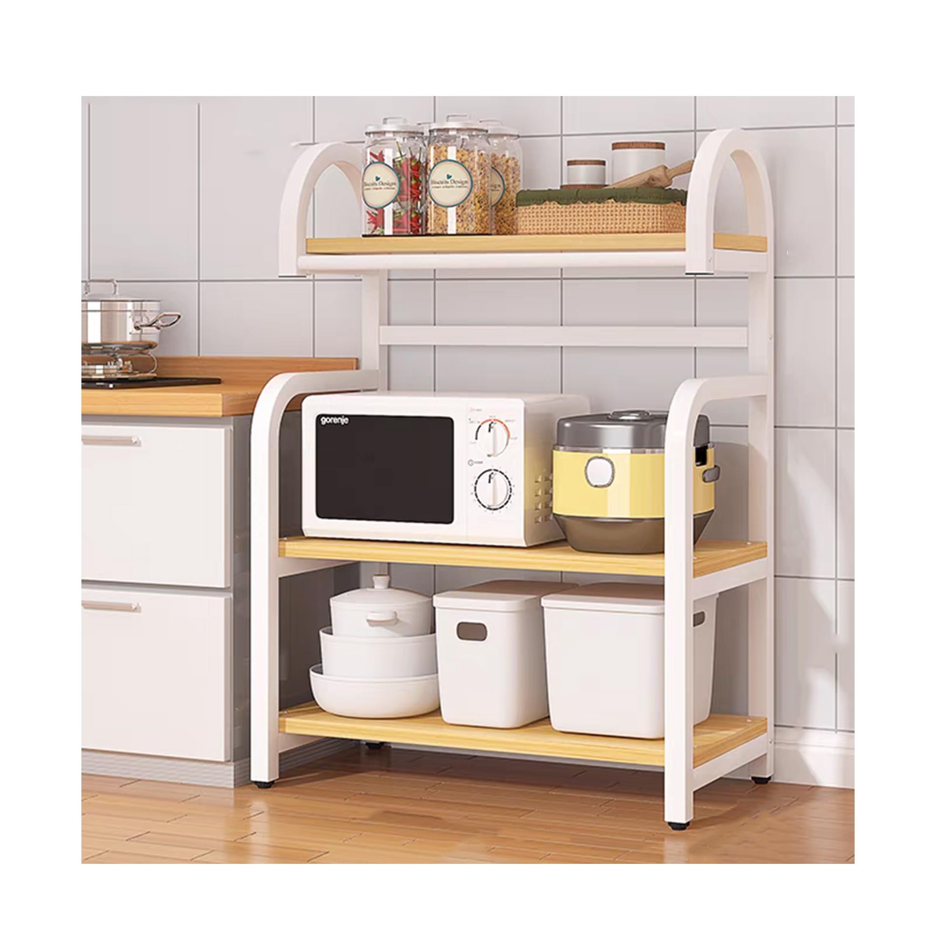 Kitchen Storage Shelf， Heavy Duty Freestanding Kitchen Countertop Organizer, Open Microwave Oven Storage Rack with Foot Mat for Restaurant(White,50x40x100cm)