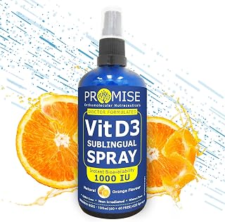 Promise Vitamin D3 Sublingual Spray, Family Size 100 ML- 625 SpraysMax Strength 1000 Iu , Instant Absorption, for Strong Bones, Healthy Heart and Immunity Boost. Natural Orange, Made in Canada