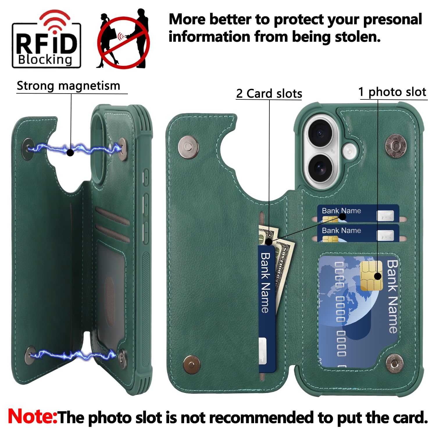 VANAVAGY Compatible for iPhone 16 Plus Wallet Case with Credit Card Holder,Rfid Leather Flip Folio Phone Cover Fits Magnetic Car Mount and Stand with Screen Camera Protector,Forest green - Image 3