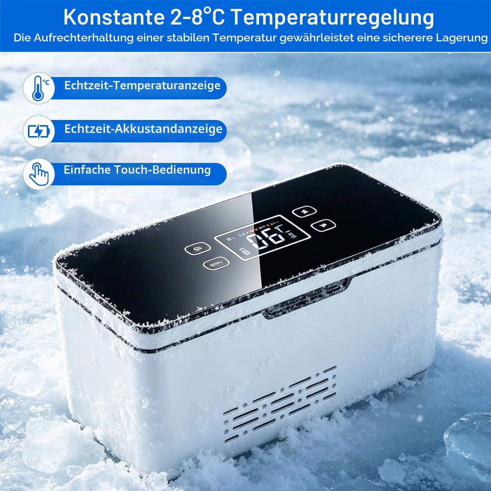 Tragbare Insulin Kühlbox, 2–8 °C aktiver Kühlung, Medizin kühlschrank mit 2×10200 mAh Akku und Tragetasche, Intelligente Akku-Warnung, Insulin Kühltasche für Zuhause, Auto & Reisen