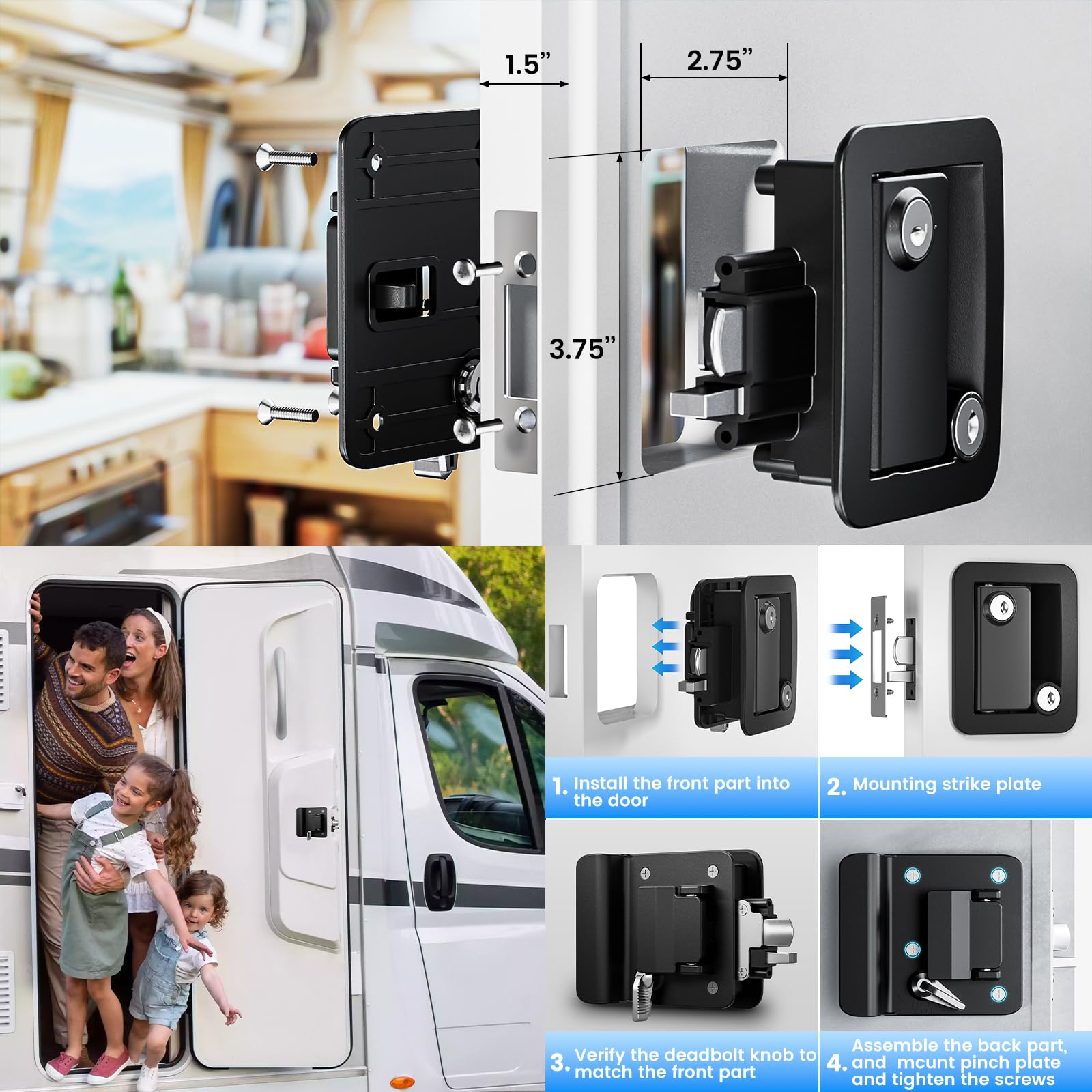 CAMJOKE Ersatz-Türschloss für Wohnmobile, Wohnwagen-Schlösser, 100 % Metall, Wohnmobil-Türschlösser, Wohnmobil-Türschloss mit Paddel-Riegel, Camper-Türriegel für Wohnmobile, Pferdeanhänger, Fracht (4