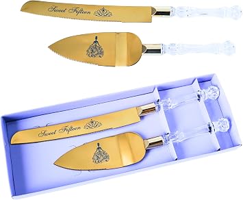 Sweet Fifteen 15 Quinceanera Cake Serving and Knife Set, Mis Quince Anos Birthday Cake Cutting Set, Feliz 15 Anos Decoration, Acrylic Handle, Stainless Steel Gold