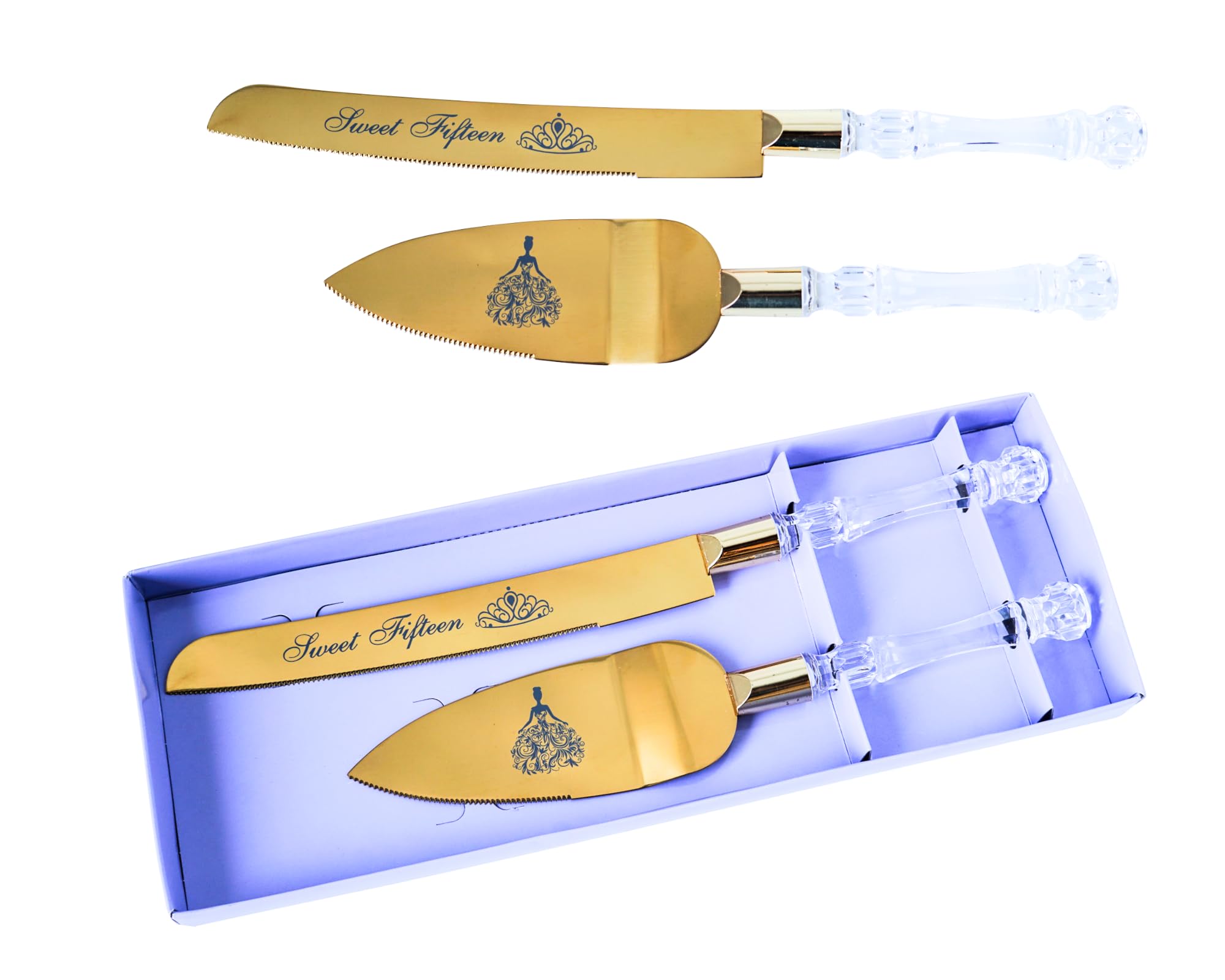 Sweet Fifteen 15 Quinceanera Cake Serving and Knife Set, Mis Quince Años Birthday Cake Cutting Set, Feliz 15 Anos Decoration, Acrylic Handle, Stainless Steel (Gold)