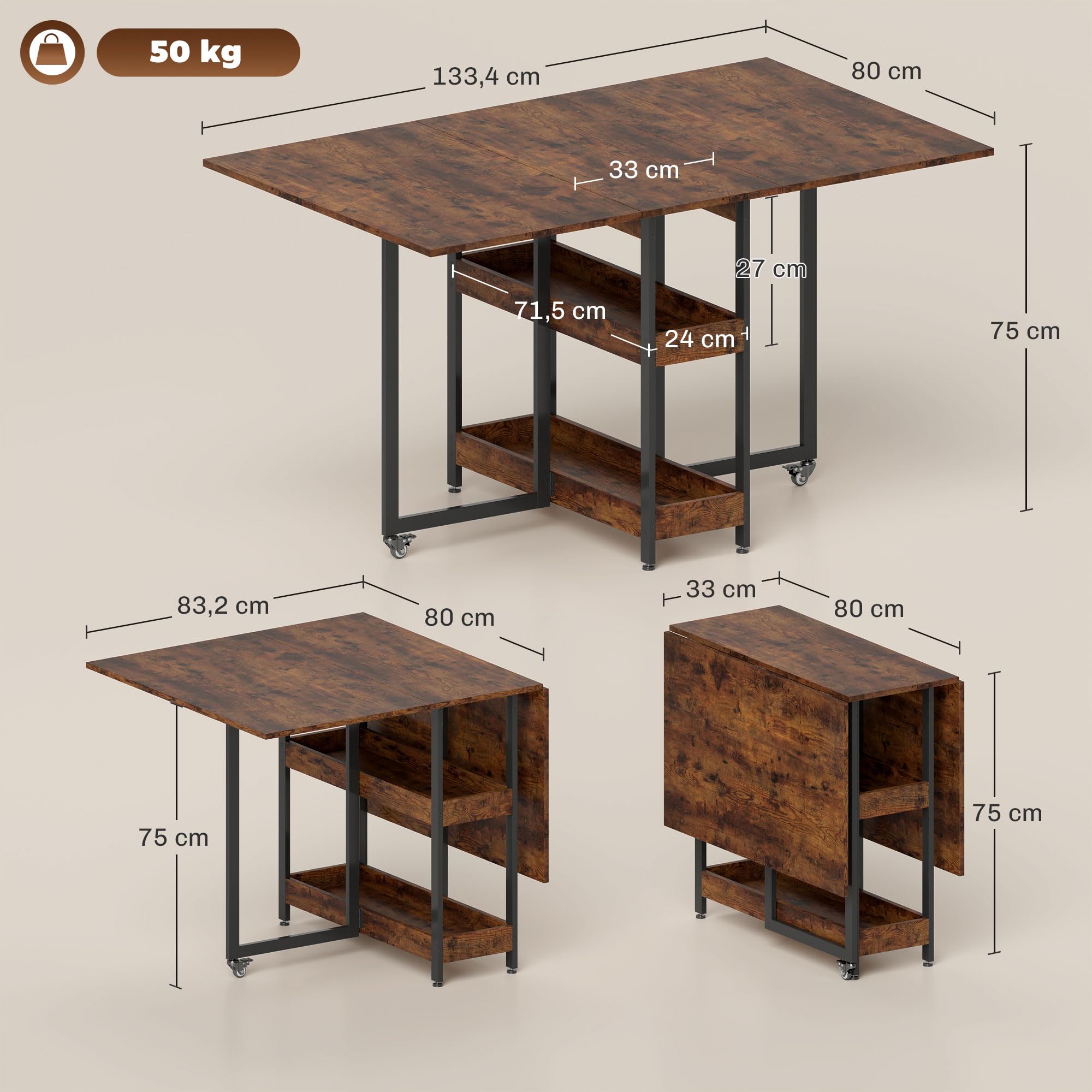 HOMCOM Esstisch Klappbar Küchentisch für 2-4 Personen mit 2 Offenen Ablagen, Esszimmertisch Klapptisch mit Rollen für Kleine Räume, Esszimmer, Küche 133,4 x 80 x 75 cm Rustikal-Braun