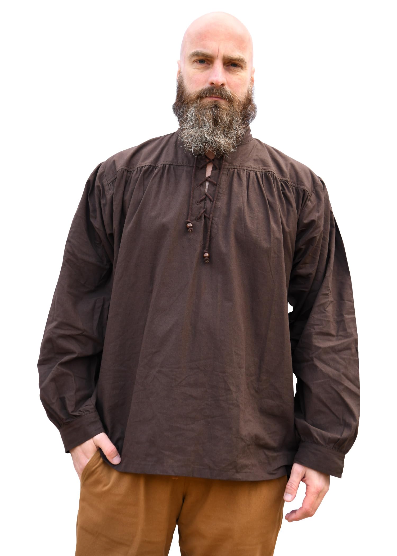 Battle-Merchant - Medieval Shirt Ludwig Cotton - Wide, Lace-up, Stand-Up Collar, Long Sleeve - LARP, Viking Clothing - Brown - XL