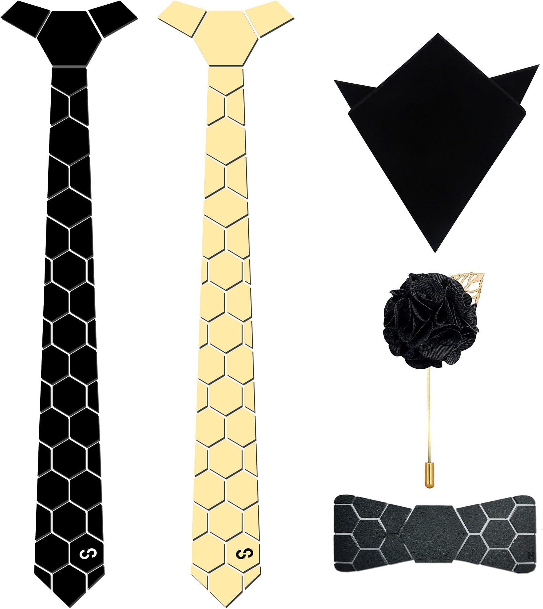Mirror Pre Tied Reversible Mirror Tie Pocket Square and Brooch Pin Bow Tie for Men - Honey Comb (Free Size, Gold Black)
