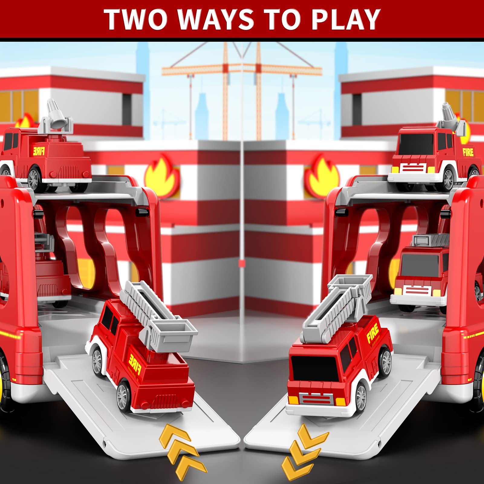 5-in-1 Feuerwehr LKW Spielzeug für Kinder, Reibungsbetriebene Transporter mit 4 Feuerwehrfahrzeugen Jahren für Jungen und Mädchen mit Lichtern und Geräuschen für Kleinkind 4 5 6