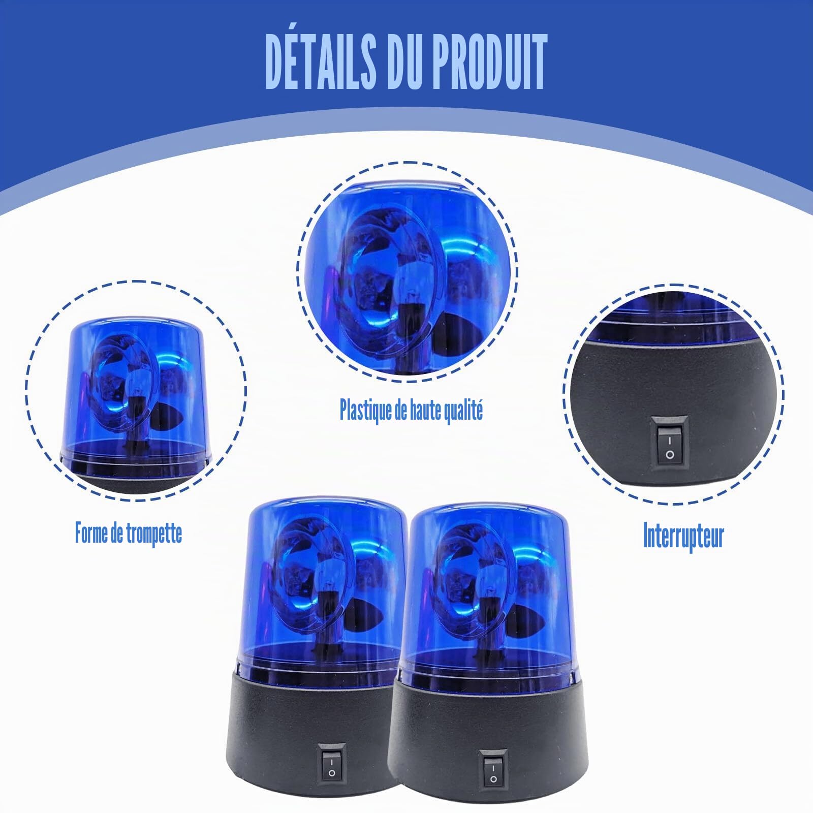 Lumière bleue LED: 2 lampes de fête au design lumière bleue, gyrophare avec réflecteur rotatif, flash DJ à 360°, fonctionnement sur piles, éclairage de fête DJ, décoration pour club