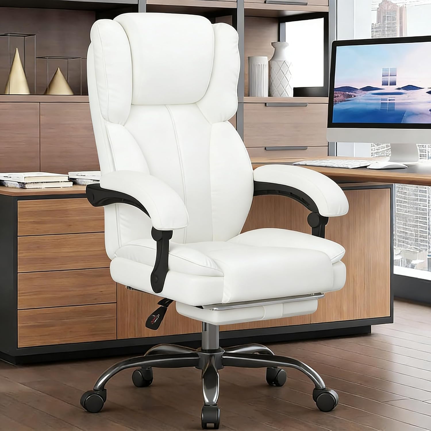 Big and Tall Office Chair, Executive Home Office Desk Chair, Leather Computer Chair with Retractable Footrest, Adjustable Headrest and Reclining Height, Padded Arms, 360°Swivel Free, Wide Seat, White